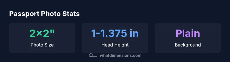 Stats infographic showing passport photo size, head height, and background requirements
